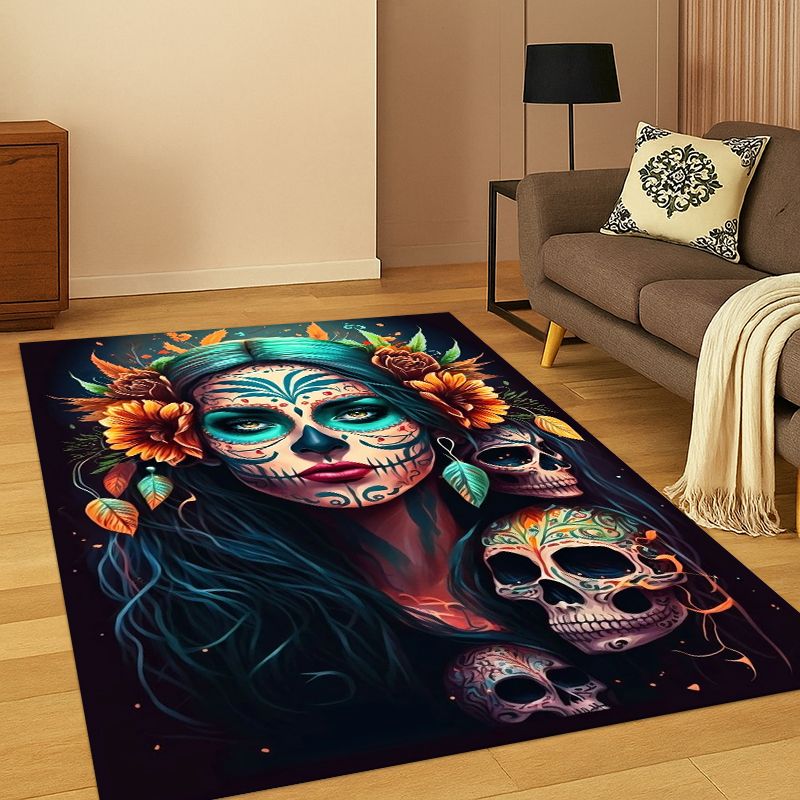 Kids Outdoor Area - Gotischer Totenkopf-Teppich mit Totem-Mädchen-Motiv für Schlafzimmer,